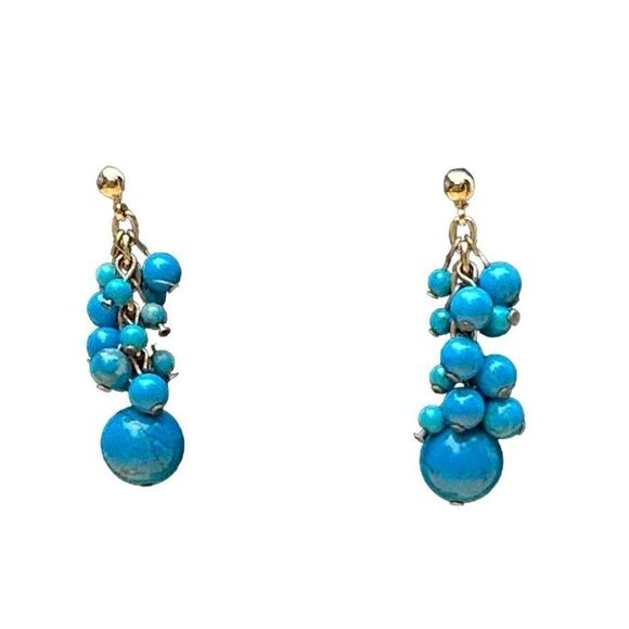 Handmade Dangle Drop Earrings Clustered Turquoise Colored Round Stones Pierced - Picture 4 of 4